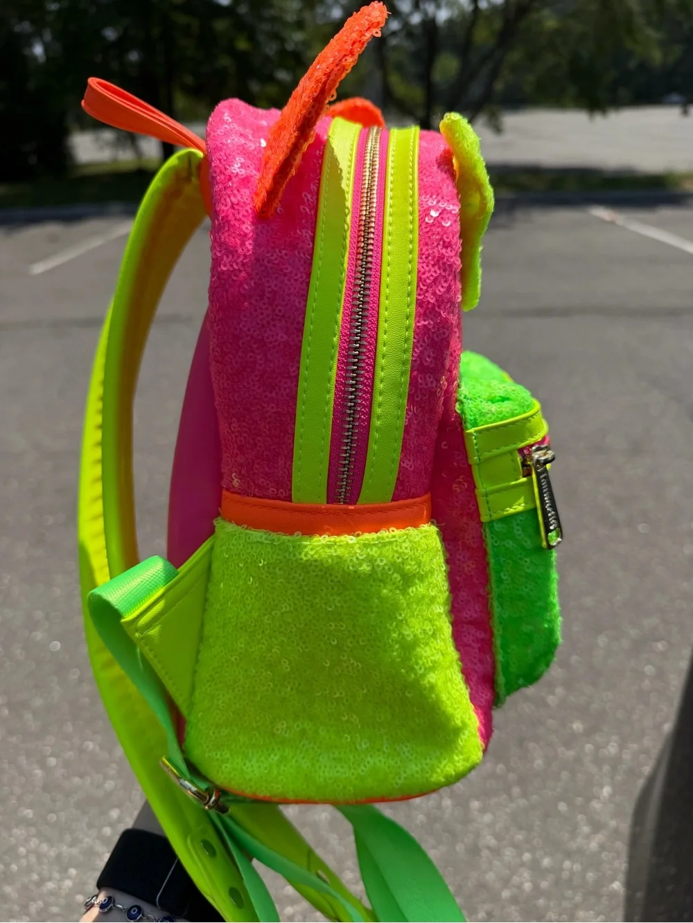 EUC wo tags Loungefly Neon Sequin Kids Mini Backpack - Pink, Neon Green & Orange